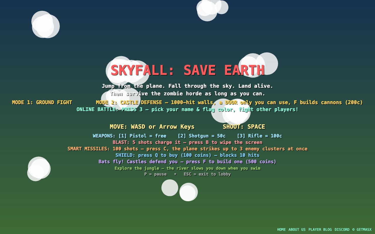 Skyfall: Save Earth title screen with game modes and controls